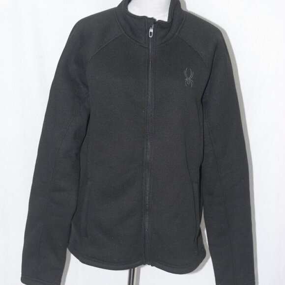 Full Zip Fleece Jacket EUC Spyder Mens Large Black Coat 4 Pockets Waffle Print - Picture 1 of 6
